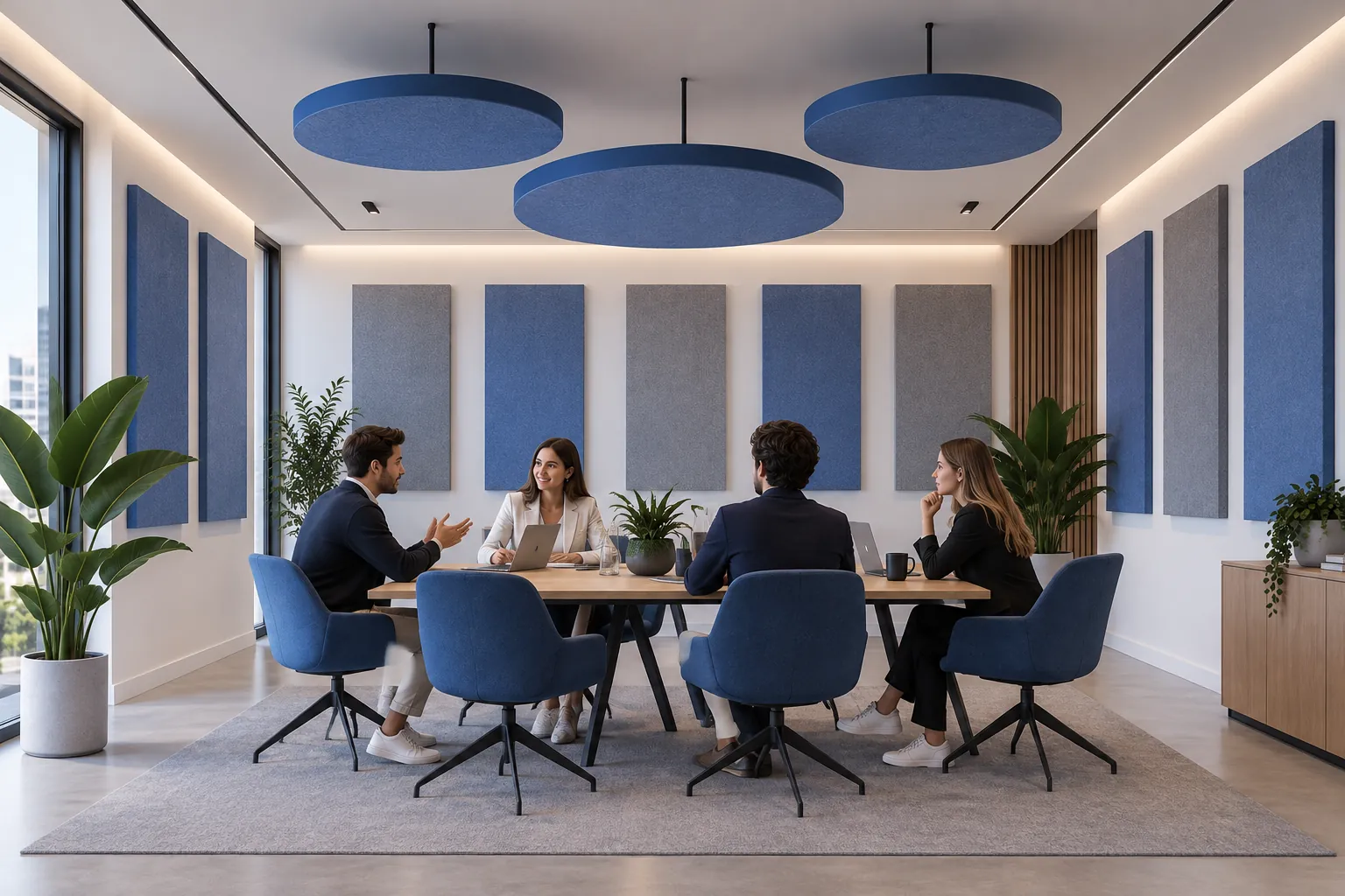 Sala de reuniones con paneles absorbentes de acondicionamiento acústico en una oficina de Madrid